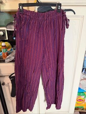 Free People Crinkled Striped Wide-Leg Pants - Plum with Blue Accents